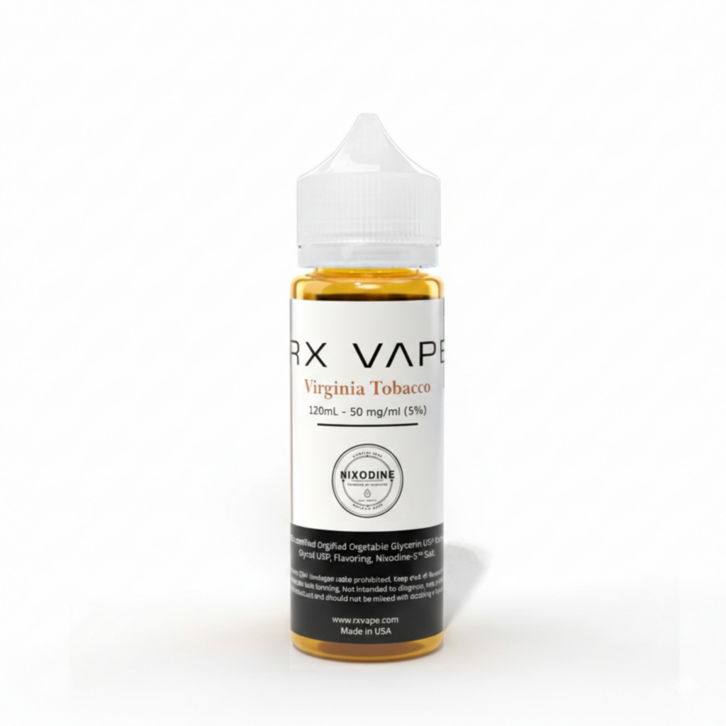 RxVape Nixodine Virginia Tobacco Nic Salt 120mL — nicotine-free vape juice with Nixodine-S and USDA Certified Organic VG