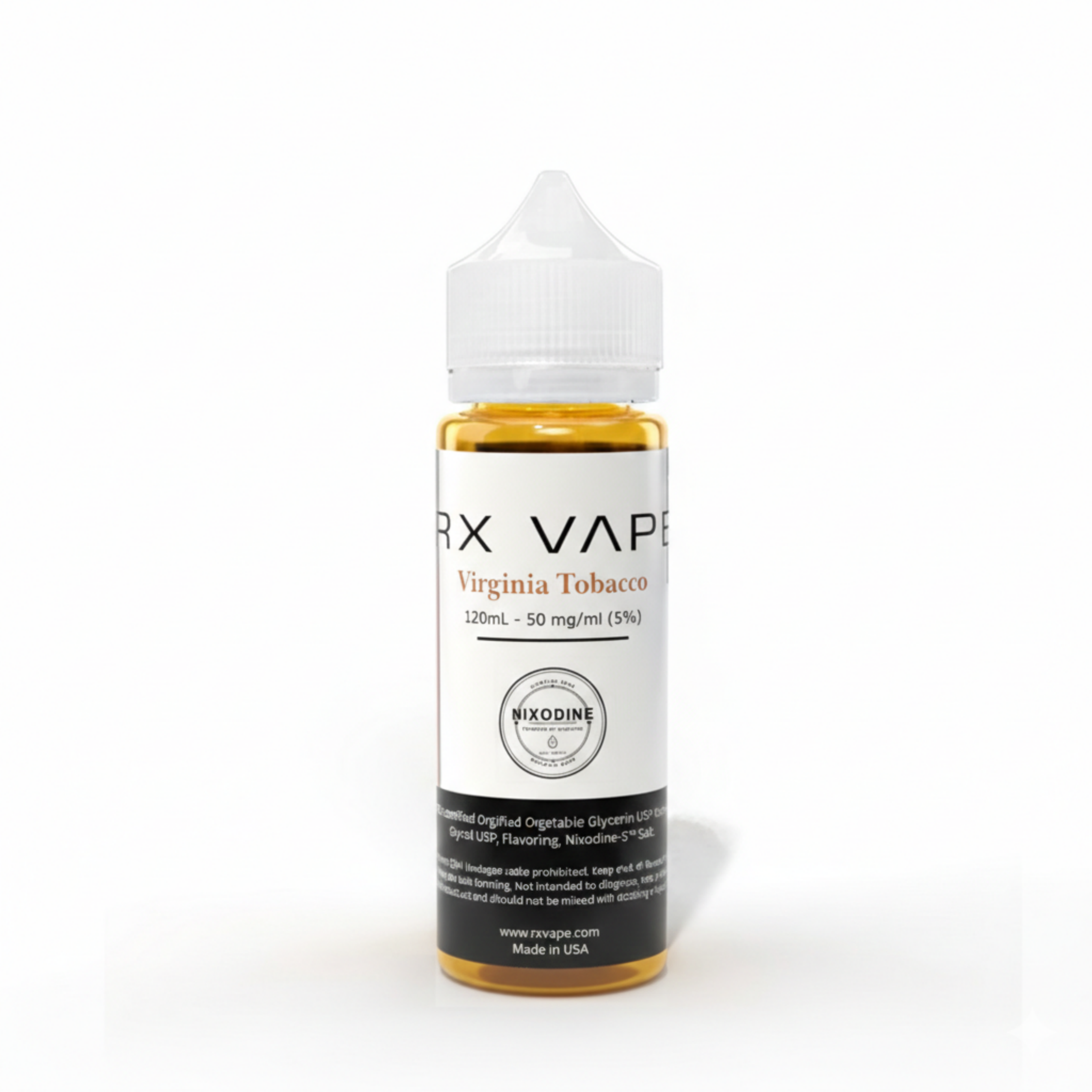 RxVape Nixodine Virginia Tobacco Nic Salt 120mL — nicotine-free vape juice with Nixodine-S and USDA Certified Organic VG