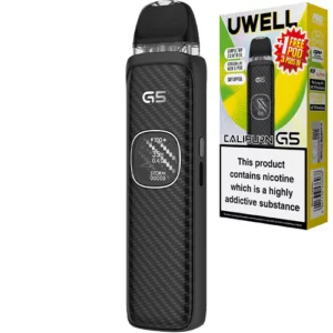 UWELL Caliburn G5 Black Carbon pod system starter kit shown with retail packaging.