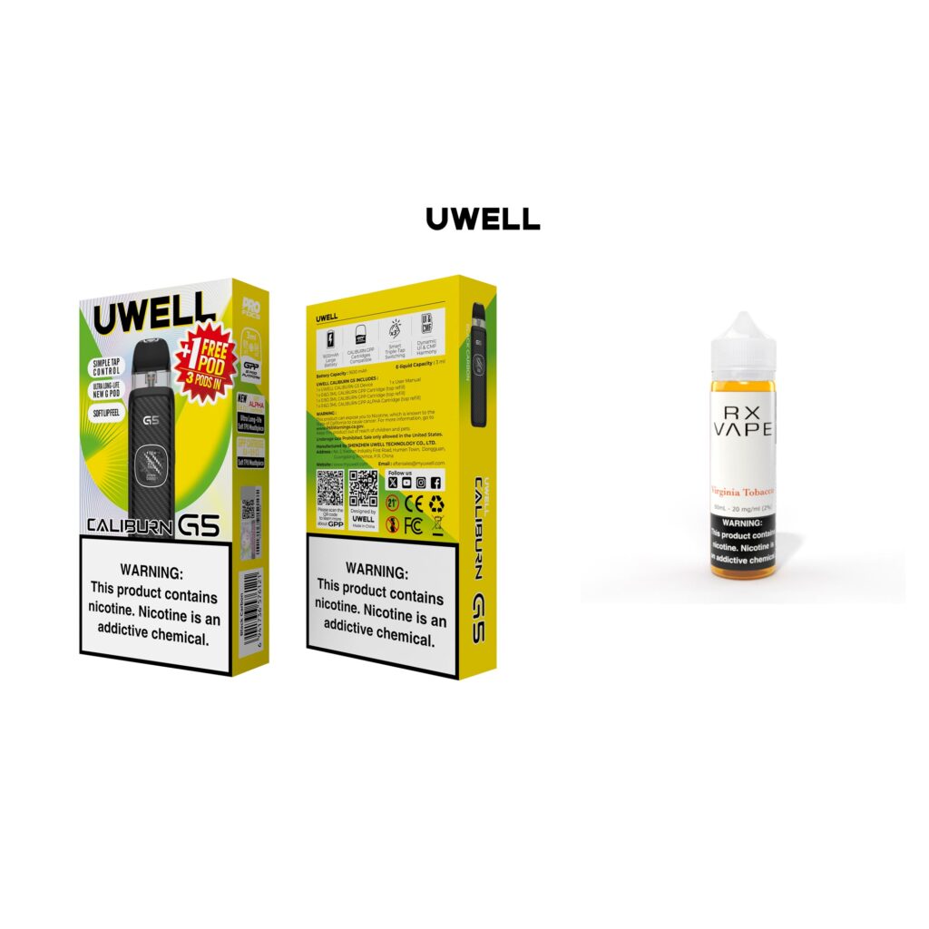 UWELL Caliburn G5 Black Carbon starter kit bundled with Rx Vape Virginia Tobacco 60mL 20mg nicotine salt e-liquid.