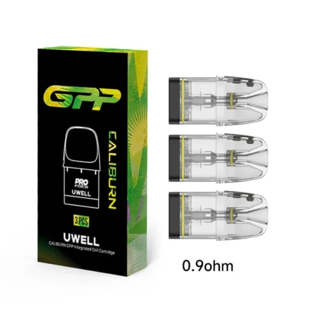 UWELL Caliburn GPP 0.9Ω side-fill integrated-coil replacement pods, retail box and three cartridges.